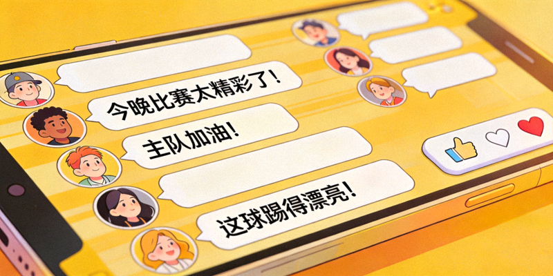 热闹的线上球迷社区互动场景，屏幕上显示聊天与评论
